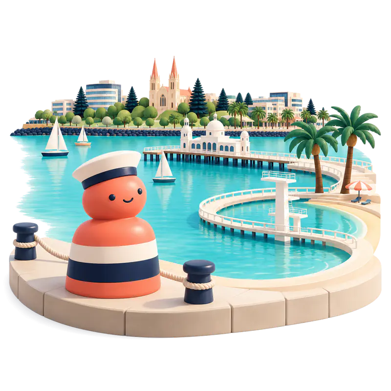 Clay-style miniature of Geelong: a smiling striped bollard on the waterfront, with sailing boats, a curved pier, palm trees and the city behind.