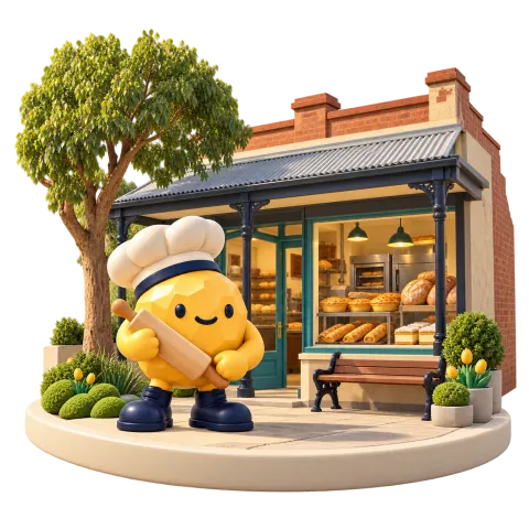 Gold nugget baker beside a small brick bakery and pastry display.