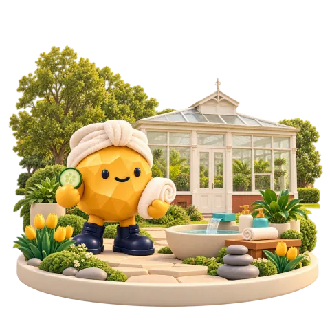 Gold nugget in a wellness diorama with a low white glasshouse and plants.