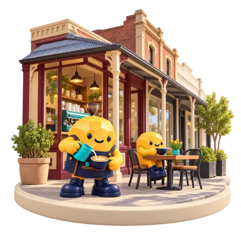 Gold nugget barista beside a verandah-fronted cafe.