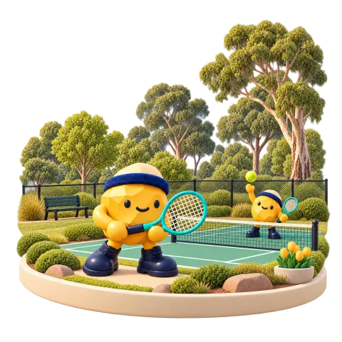 Two gold nugget mascots playing tennis in a gum-tree setting.