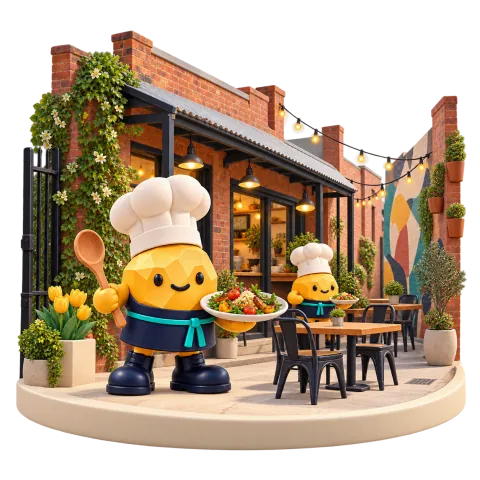 Gold nugget chef in a brick laneway dining diorama.