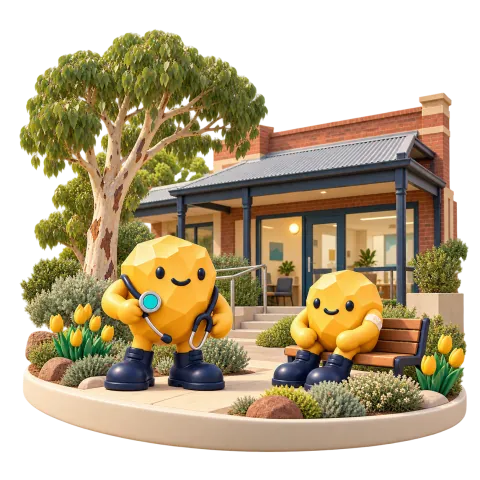 Gold nugget health mascots outside a small brick clinic.