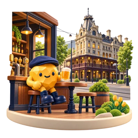 Gold nugget at a pub with a miniature Bendigo heritage hotel backdrop.