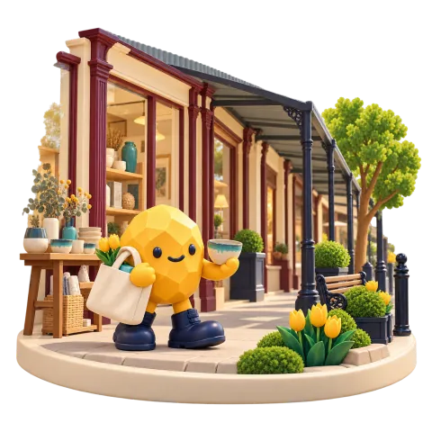Gold nugget shopper carrying a tote beside a verandah-fronted ceramics shop.