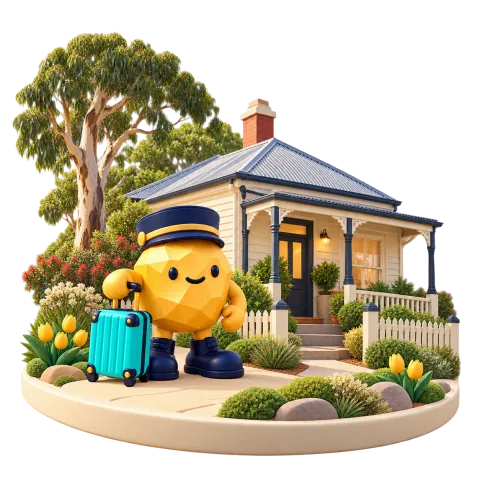 Gold nugget with luggage beside a weatherboard cottage.