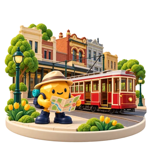 Gold nugget explorer with a map beside a red-and-cream Bendigo-style heritage tram.
